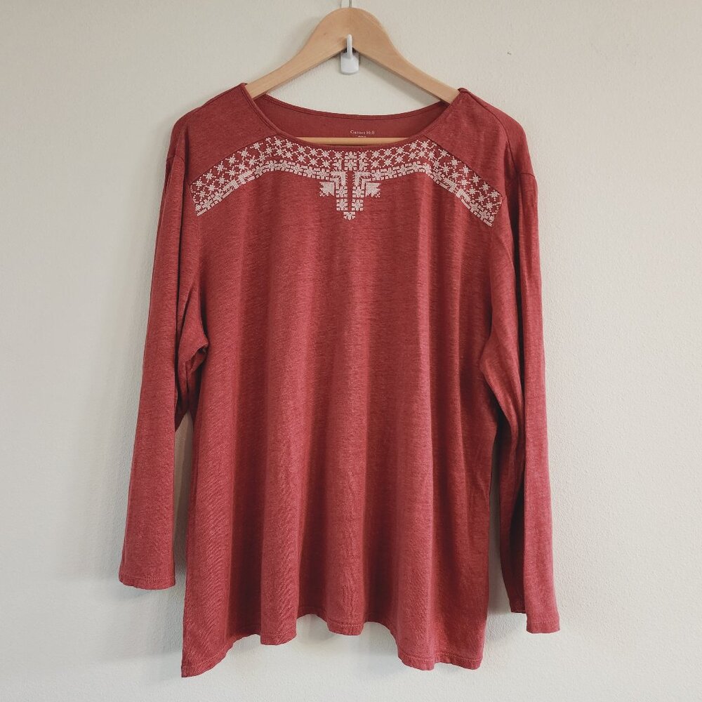 Garnet Hill Women Organic Linen Top Stich Blouse Coral Color XL 3/4 Slv Casual